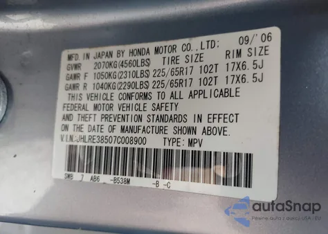 2007 Honda Cr-V Ex z USA, uszkodzony, nr VIN JHLRE38507C008900